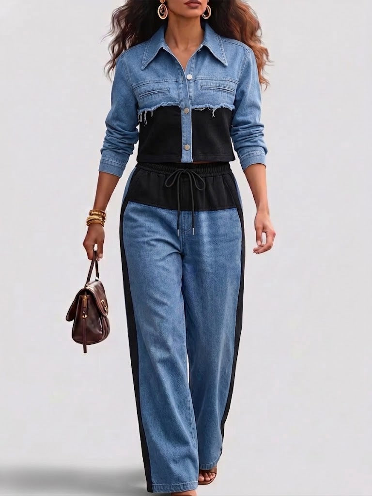 Holbrook™ | Color-Block Cropped Jacket & Wide-Leg Pants Set Black