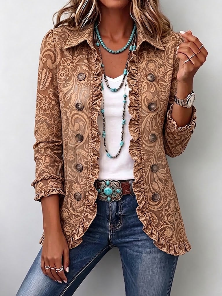 Vyclara™ | Vintage Bohemian Floral Print Ruffled Jacket Brown