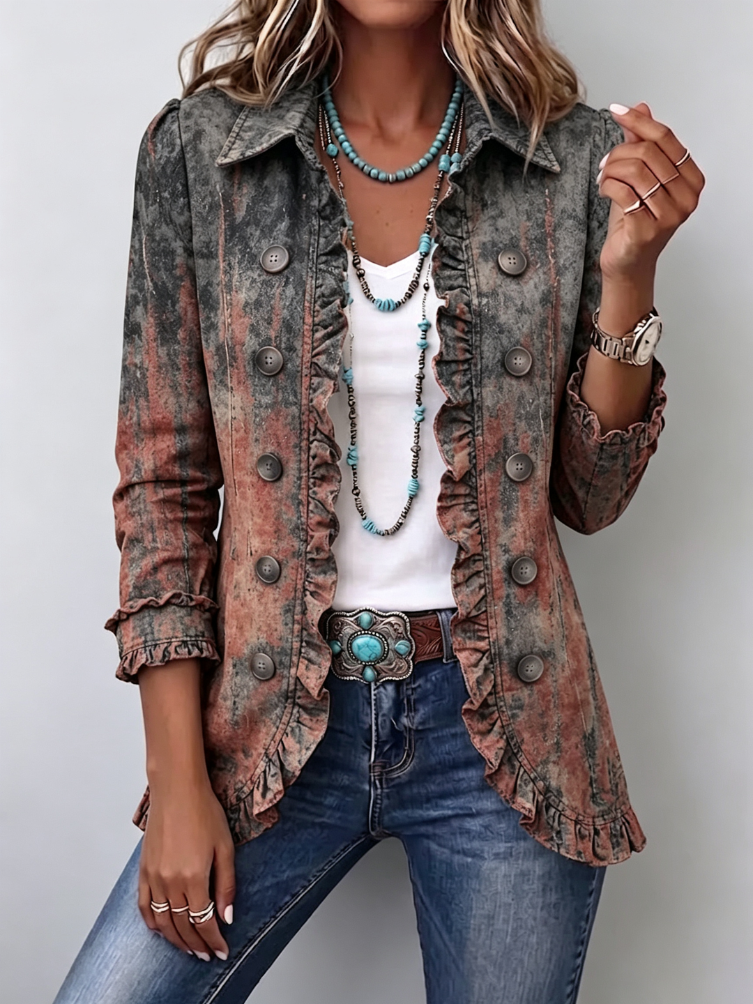 Bristow™ | Vintage Gradient Textured Print Ruffle Jacket Desert Wash