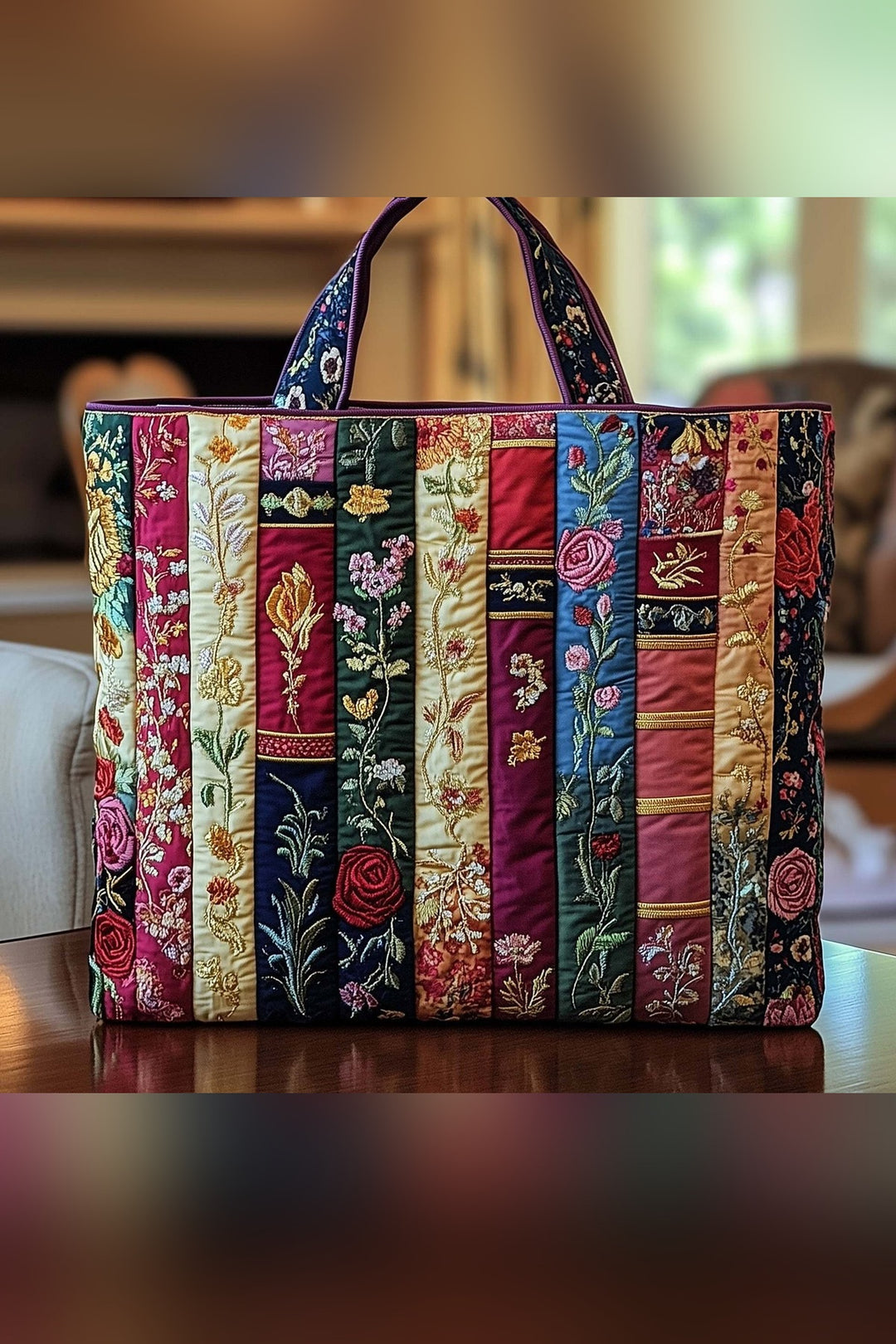 Petronilla™ | Floral Book Spines Burgundy Quilted Tote Bag