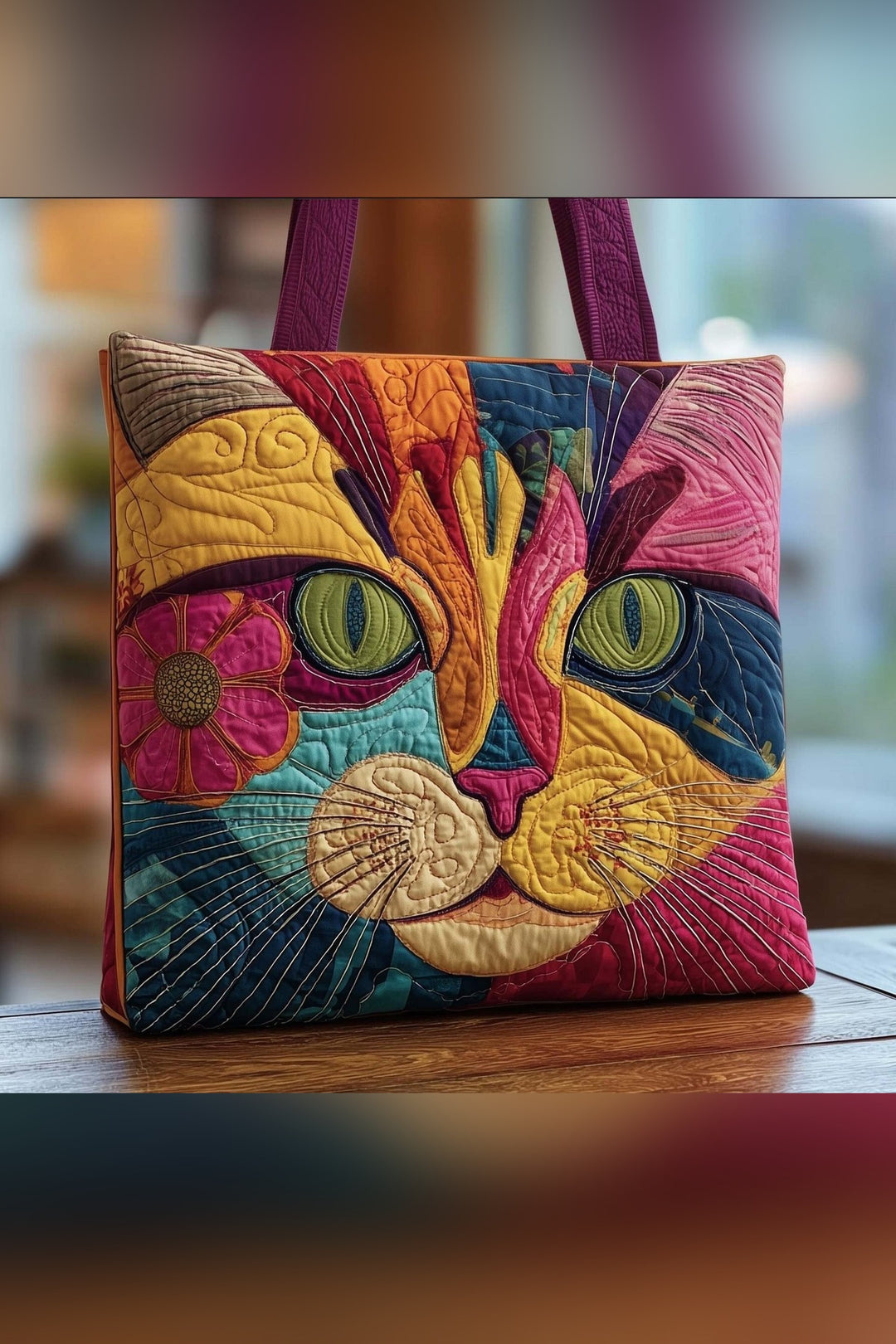 Quenilda™ | Patchwork Cat Face Quilted Tote Bag
