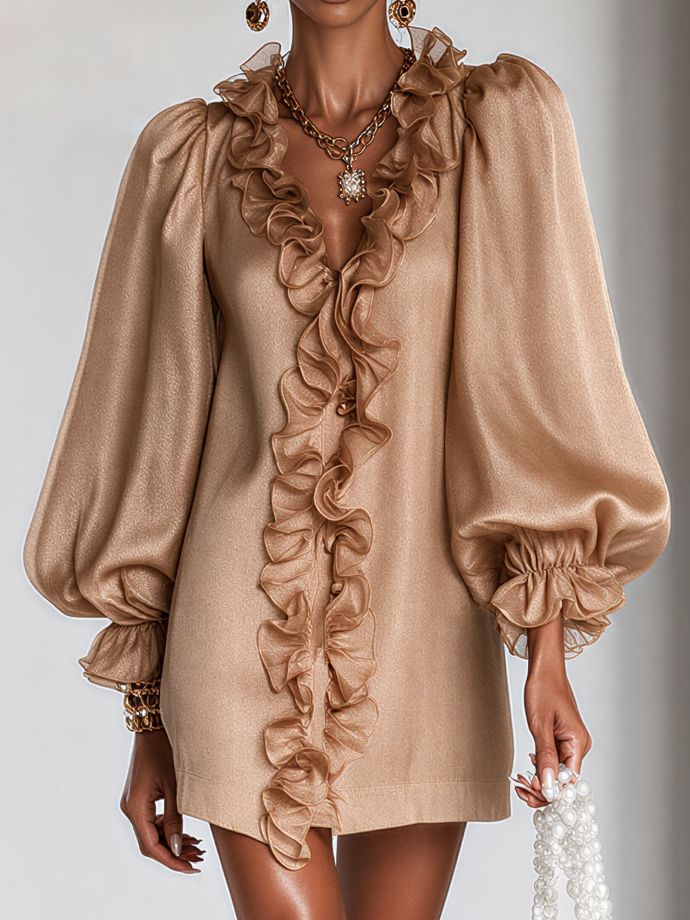 Guinevere | Ruffled Puff-Sleeve Straight-Cut Dress Brown