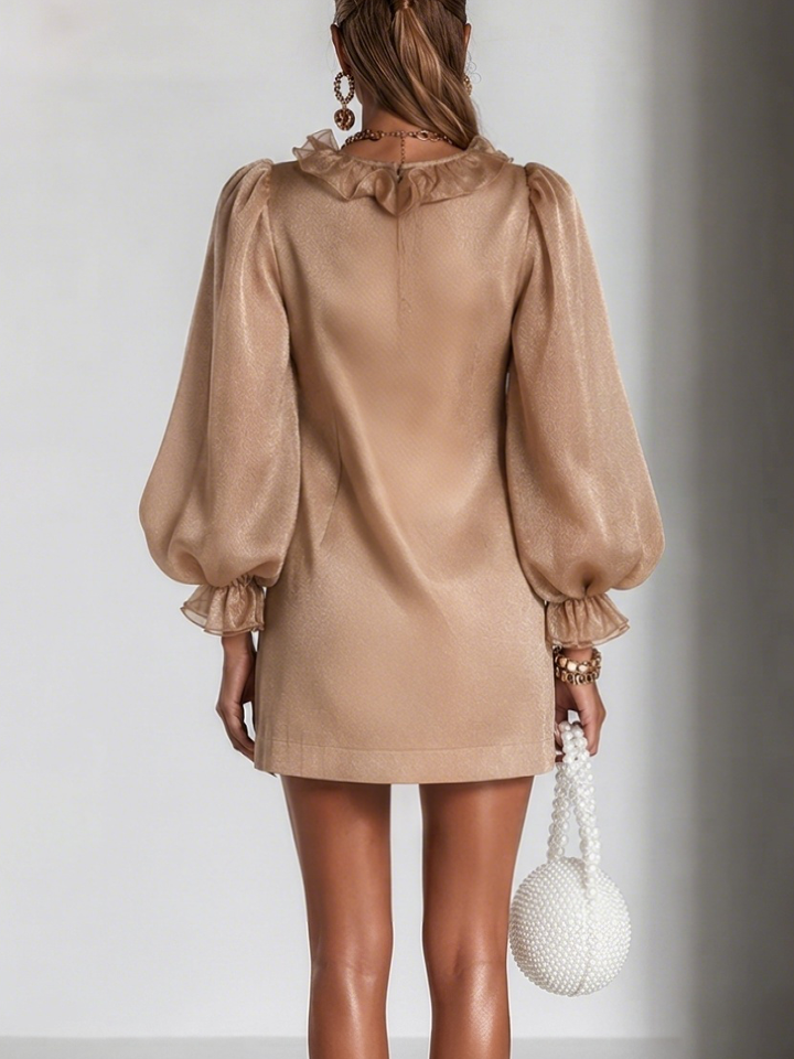 Guinevere | Ruffled Puff-Sleeve Straight-Cut Dress Brown