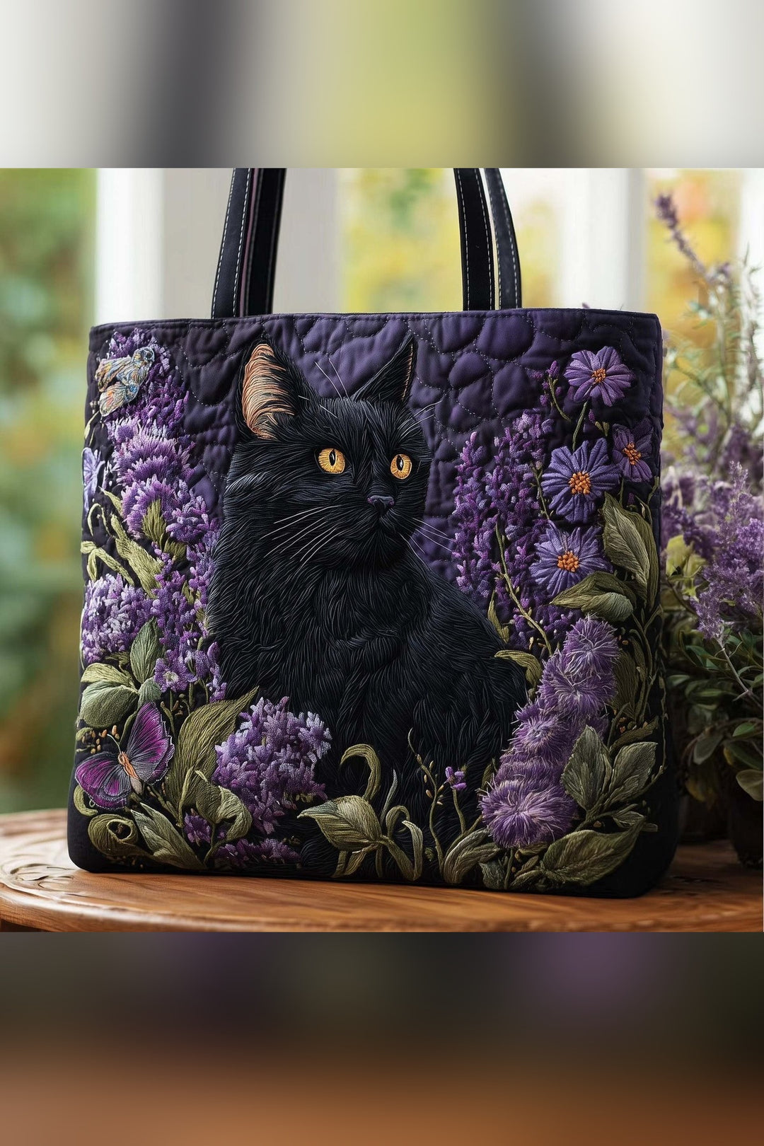 Vashti™ | Black Cat & Lilacs Quilted Tote Bag
