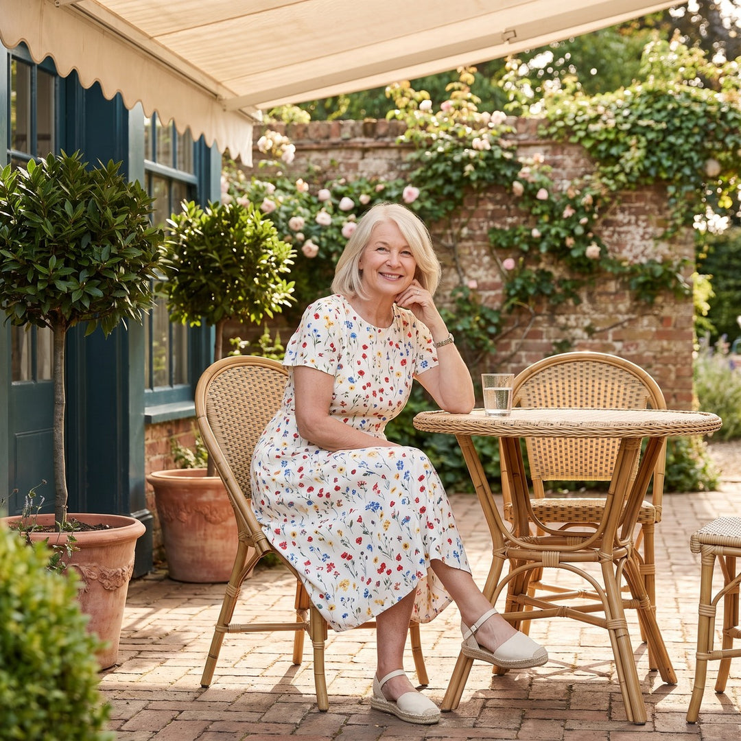 Georgina dress on an English garden terrace