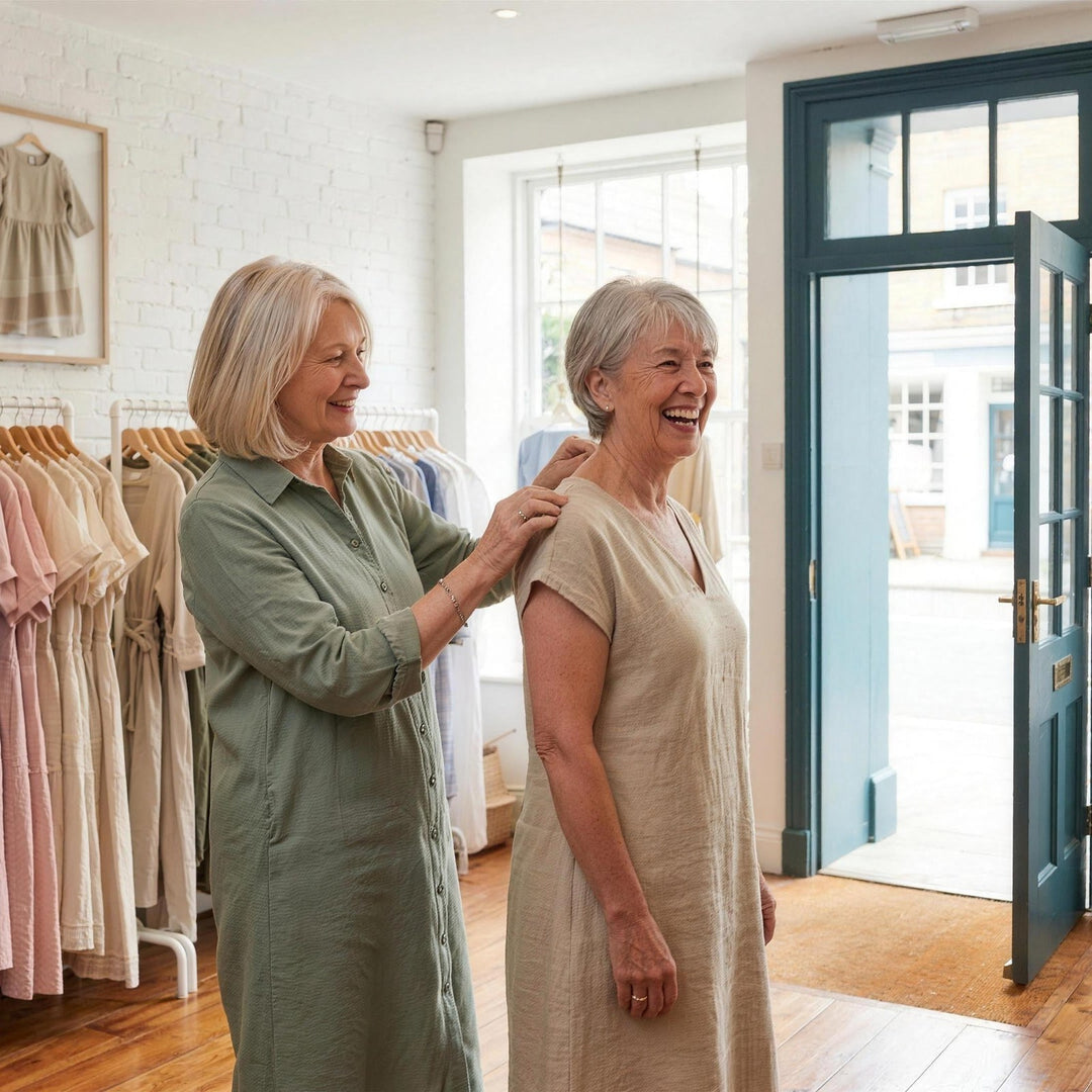 Alison Winslow adjusts a customer's linen dress in the Richmond shop