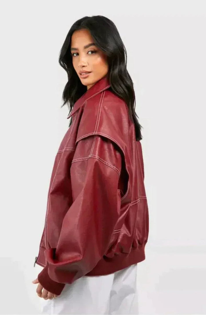 Renée | Oversized Contrast-Stitch Bomber Jacket