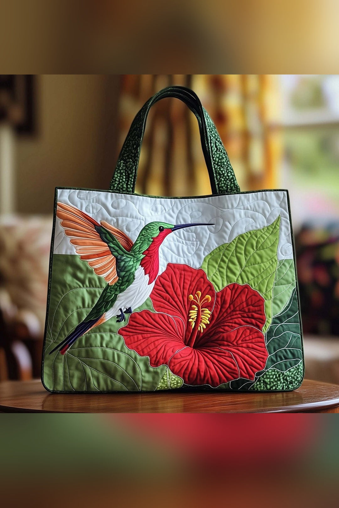 Yolande™ | Hummingbird & Red Hibiscus Quilted Tote Bag